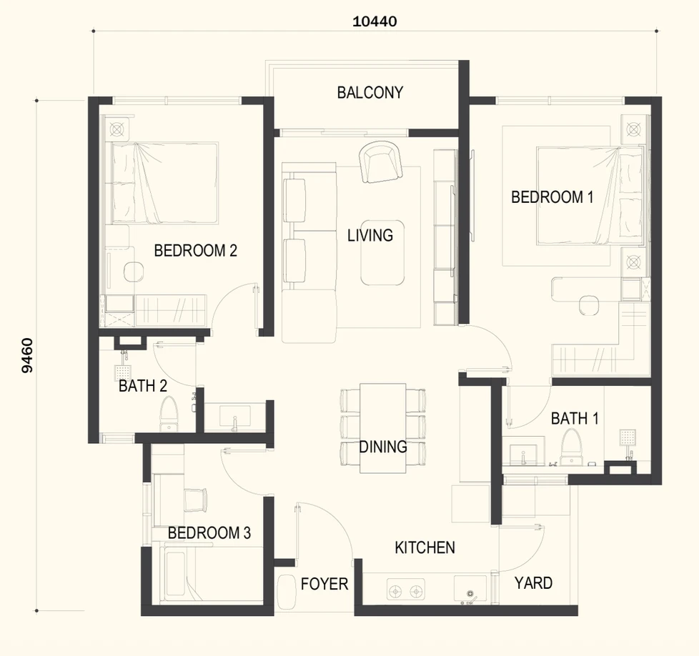 Amora Serviced Residence A2型户型图，1,050平方尺，3房带阳台