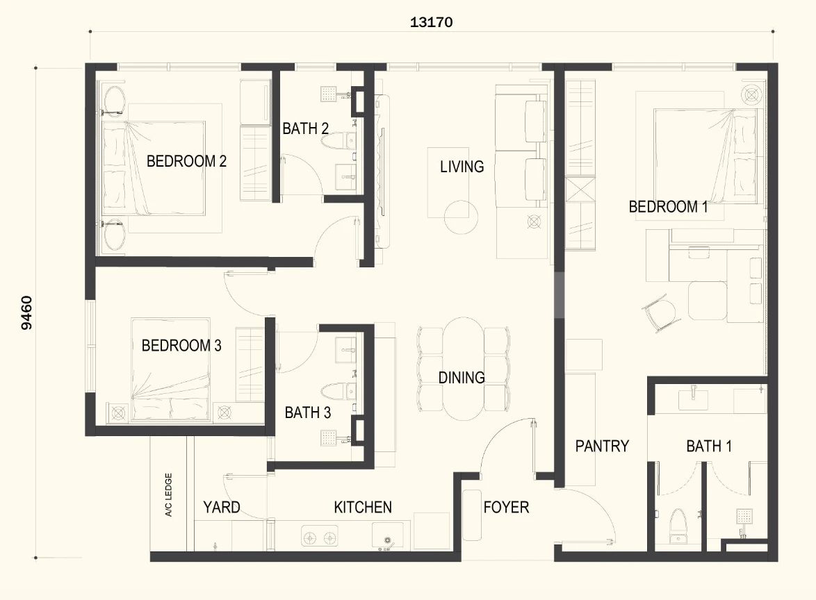 Amora Serviced Residence B1型户型图，1,290平方尺，3房双钥匙