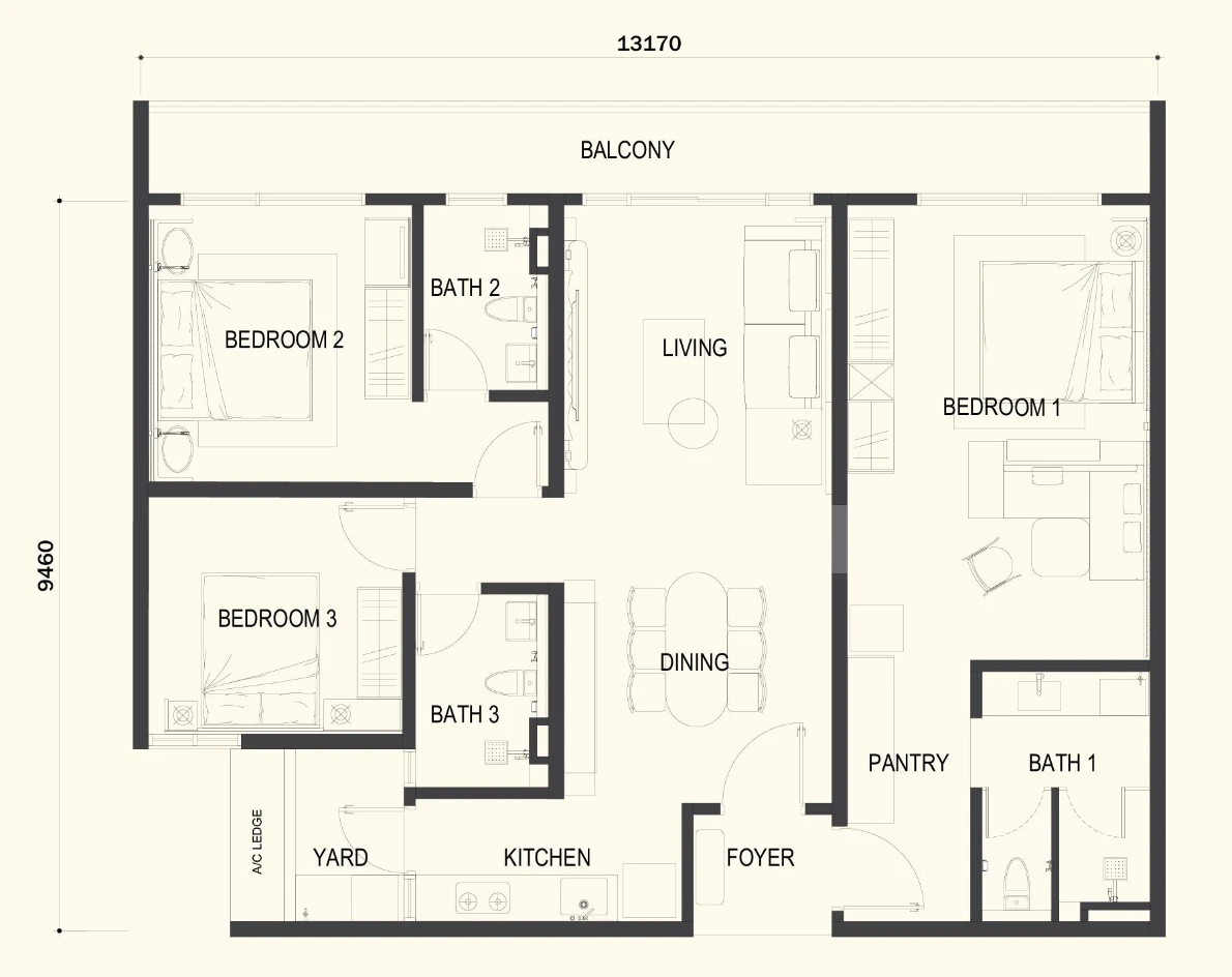 Amora Serviced Residence B2型户型图，1,455平方尺，3房双钥匙带阳台