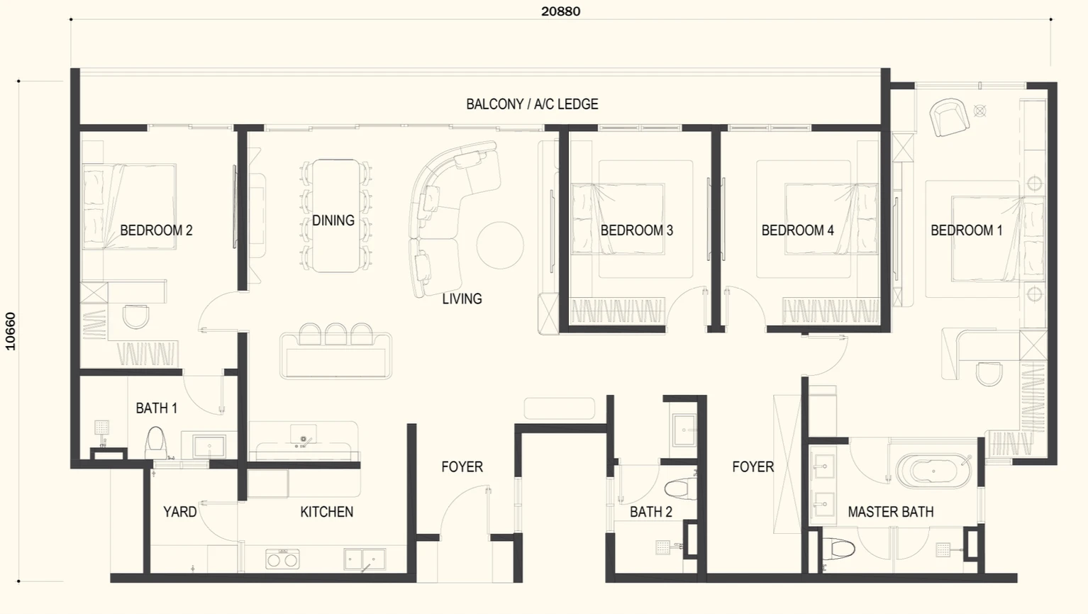 Pelan lantai Amora Serviced Residence Jenis C, 2,235 kaki persegi, penthouse mewah 4 bilik