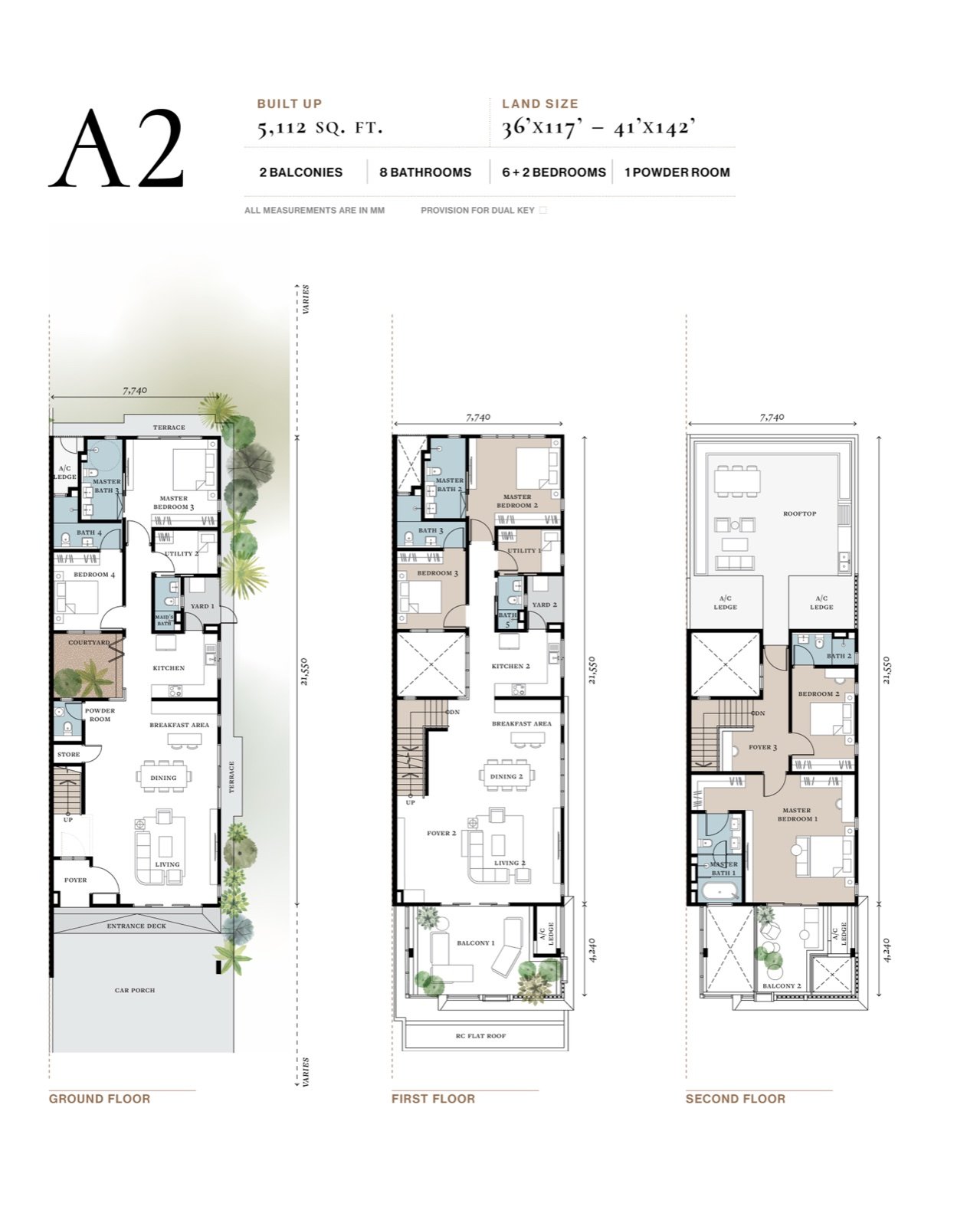 Pelan lantai Andara @ Ara Damansara Jenis A2, rumah berkembar cermin 5,112 kaki persegi dengan 6+2 bilik tidur dan 8 bilik mandi