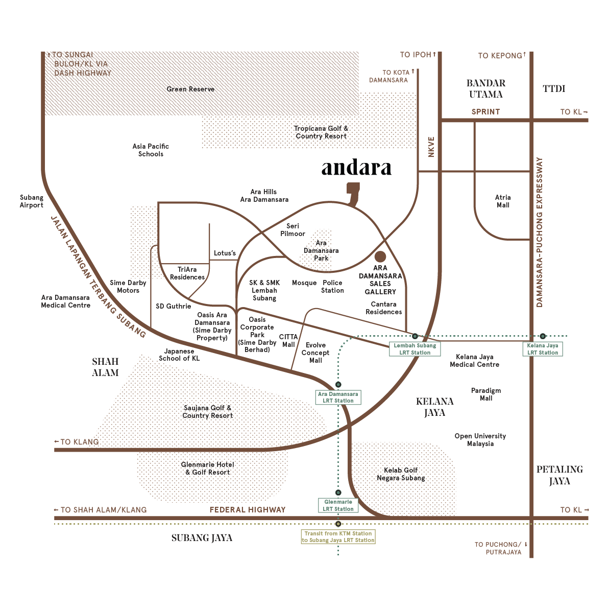 Andara @ Ara Damansara 地點圖，標示 NKVE、LDP、Sprint、聯邦大道、Ara Damansara 輕快鐵站與 Citta Mall