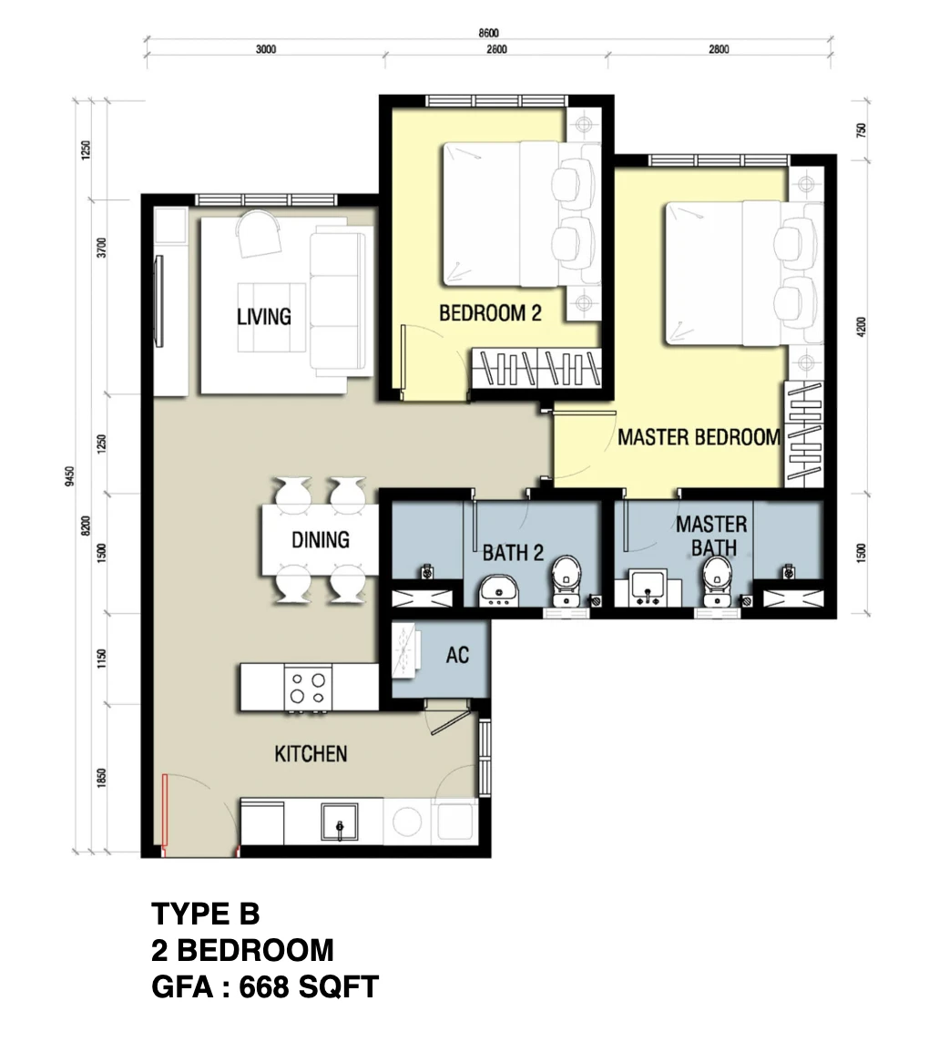 Anderson Residences Ipoh Type B floor plan, 2 bedroom 668 sqft in Ipoh City Centre, Perak