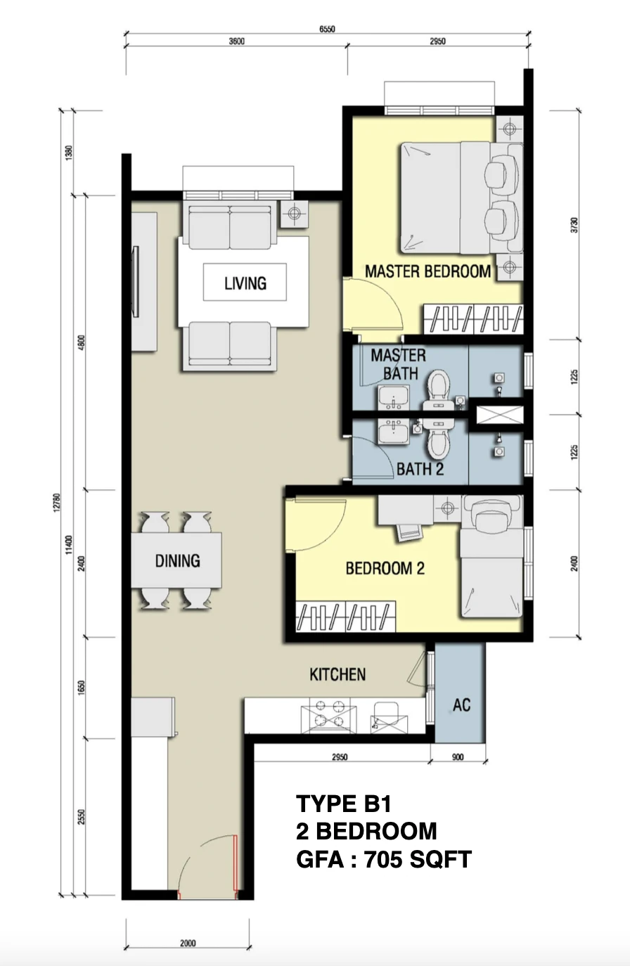 Anderson Residences Ipoh Type B1 floor plan, 2 bedroom 705 sqft in Ipoh City Centre, Perak