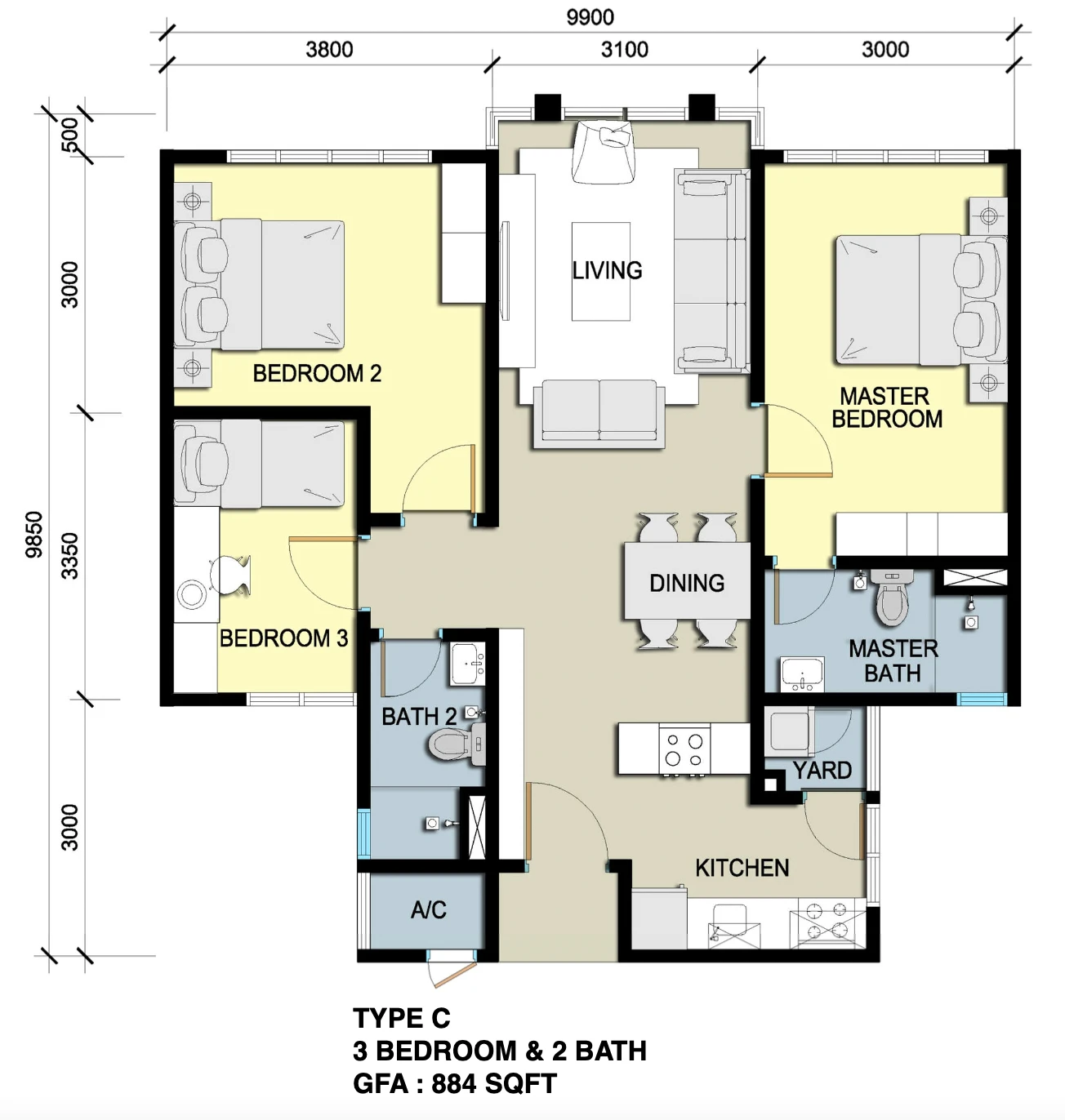 Anderson Residences Ipoh Type C floor plan, 3 bedroom 884 sqft in Ipoh City Centre, Perak