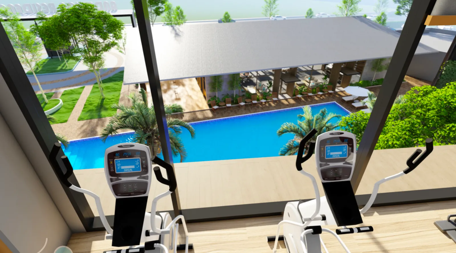 Anderson Residences Ipoh gym overlooking the pool deck and gazebo lounge in Ipoh City Centre, Perak