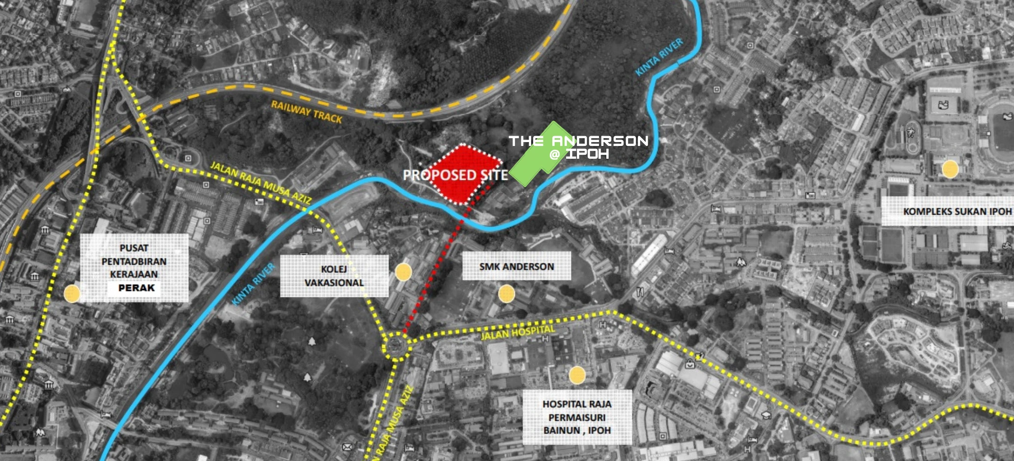 Anderson Residences Ipoh site location map showing SMK Anderson, Hospital Raja Permaisuri Bainun and Ipoh City Centre connectivity