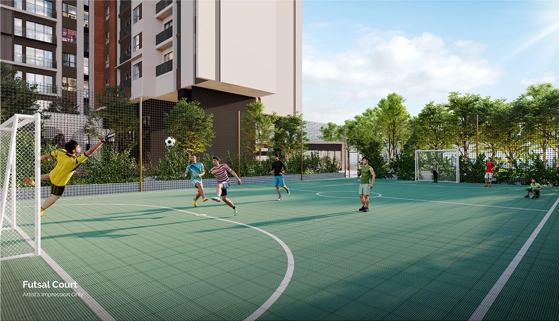 Anja Residence Bangi futsal court facility with residential tower backdrop