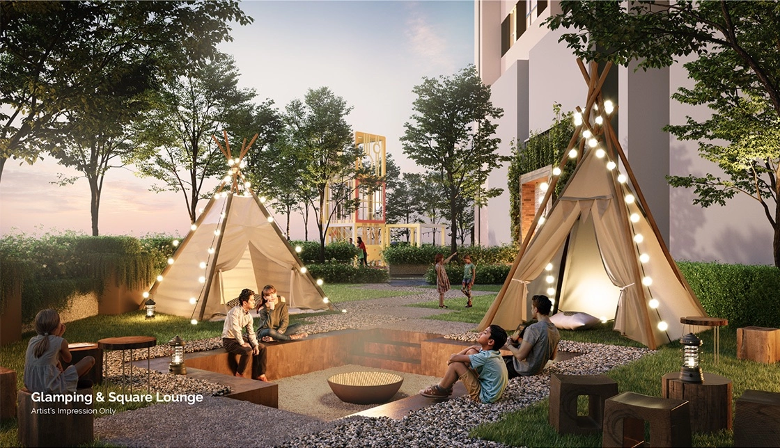 Anja Residence Bangi glamping and square lounge communal garden facility at dusk