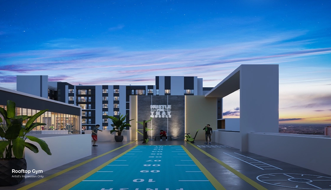 Anja Residence Bangi rooftop gym with outdoor fitness track at dusk