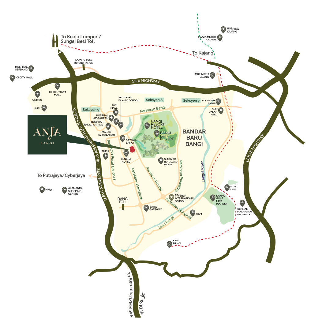 Anja Residence Bangi location map showing Bandar Baru Bangi surroundings, Bangi Golf Resort and highway access