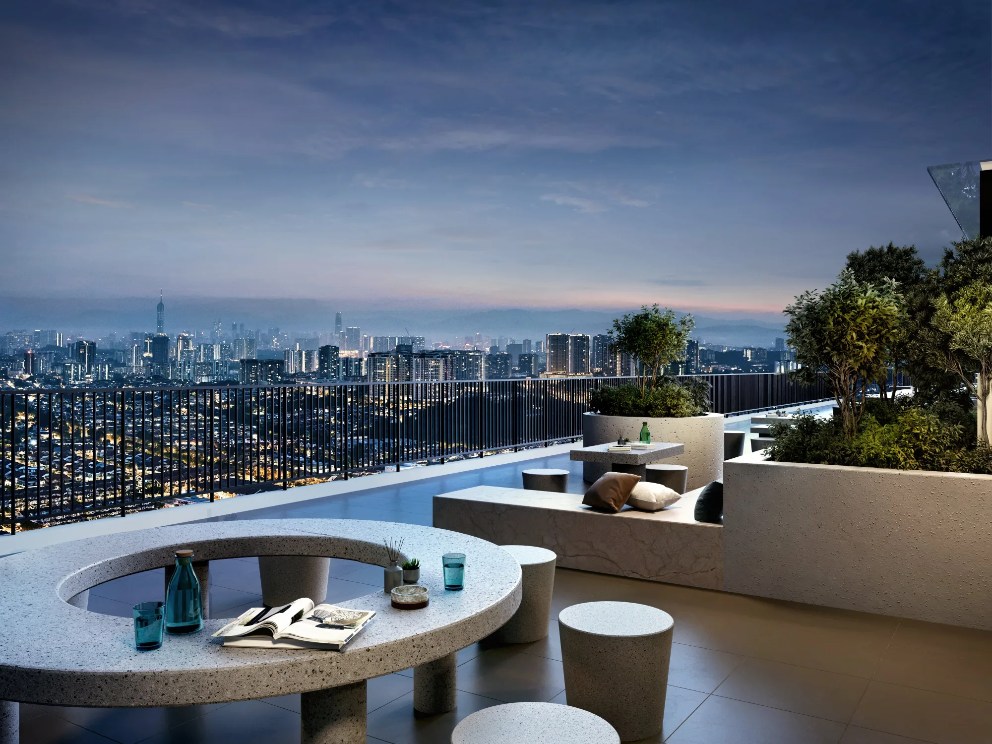 Aras Residence OUG rooftop lounge terrace night view showing panoramic Kuala Lumpur skyline outdoor seating and lush planters