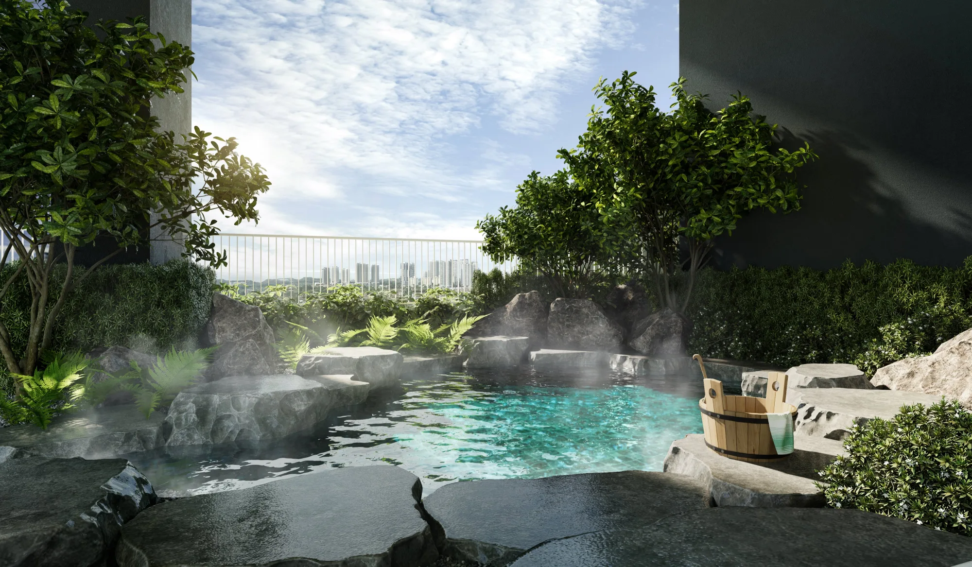 Aras Residence OUG Japanese onsen-style hot pool facility with natural rock formations and Kuala Lumpur skyline views