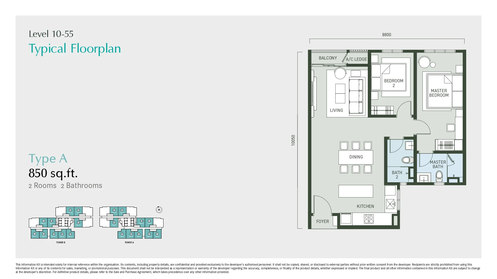 Aras Residence OUG Type A floor plan layout showing 850 sq ft 2-bedroom 2-bathroom unit with living dining kitchen and balcony on Level 10-55
