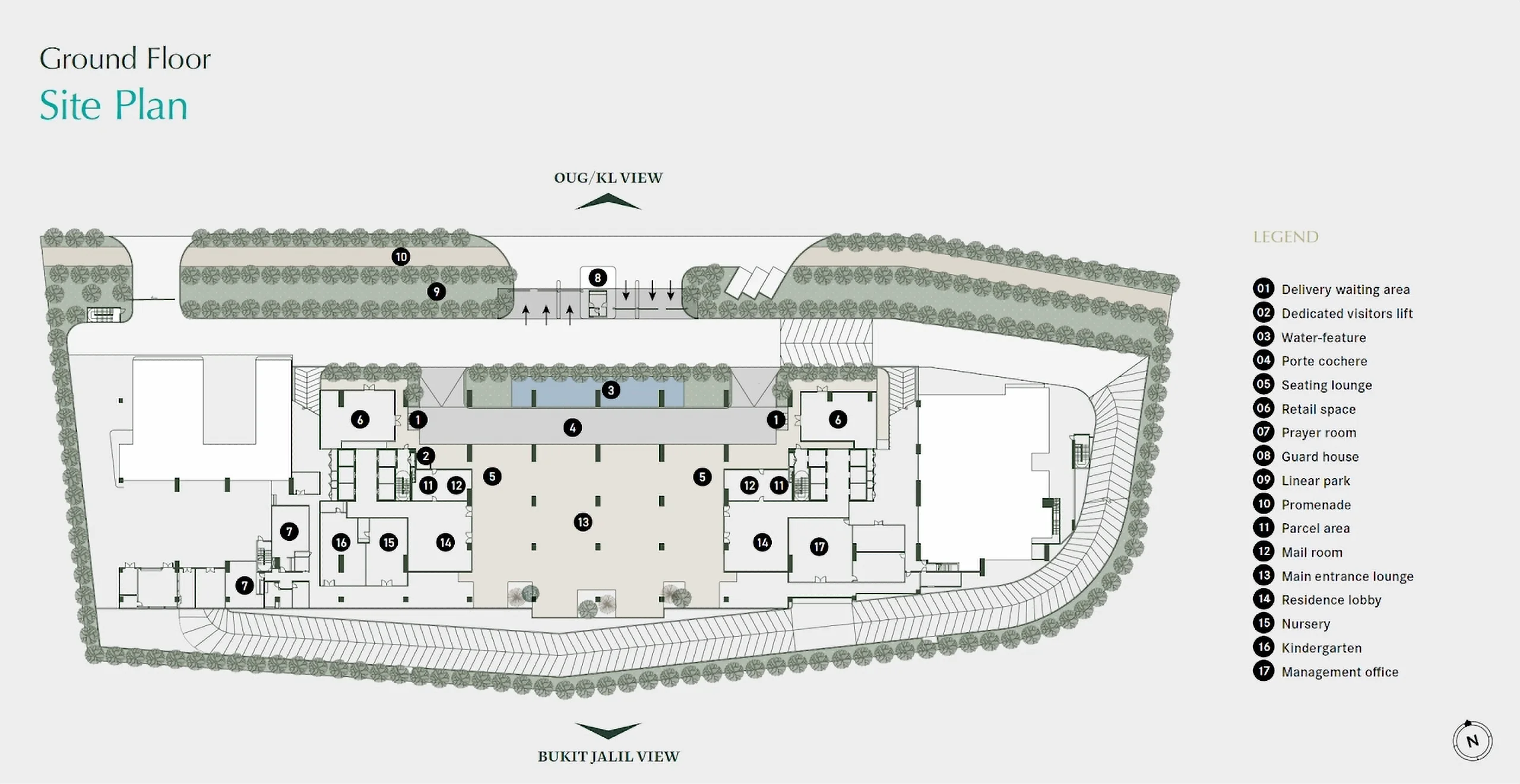 Aras Residence OUG Ground Floor Site Plan diagram showing entrance lounge residence lobby retail zone and linear park