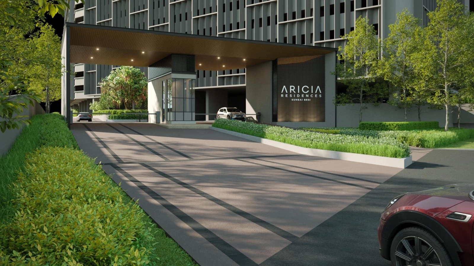 Aricia Residences main entrance drop-off with landscaped driveway, Sungai Besi