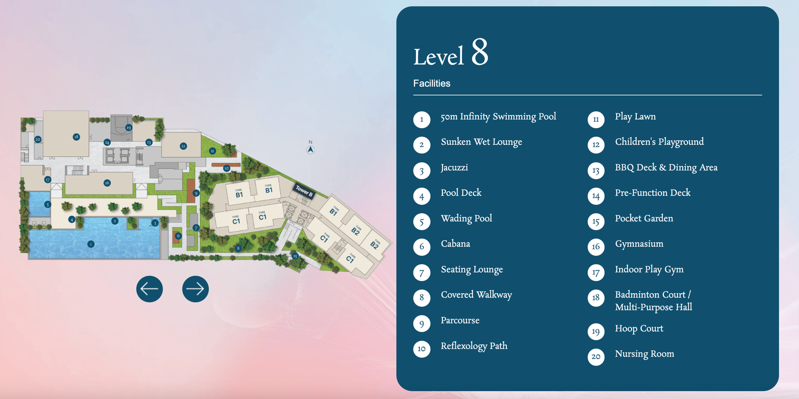 Aricia Residences Level 8 facilities plan showing 50m infinity pool, gym and BBQ deck in Sungai Besi, Kuala Lumpur