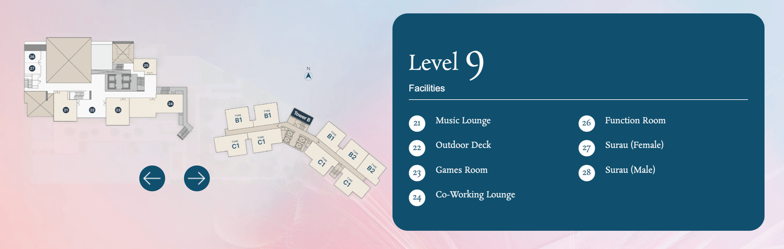 Aricia Residences Level 9 facilities plan showing music lounge, games room and co-working lounge in Sungai Besi, Kuala Lumpur