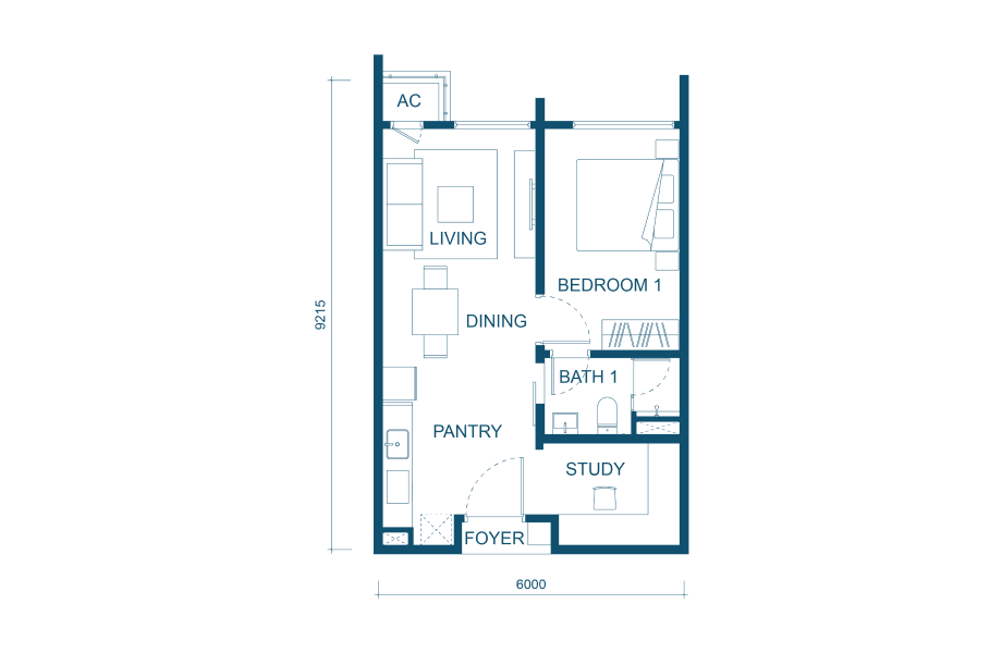 Aricia Residences Type A1 floor plan — 550 sqft, 1+1 bedroom, 1 bathroom in Sungai Besi, Kuala Lumpur
