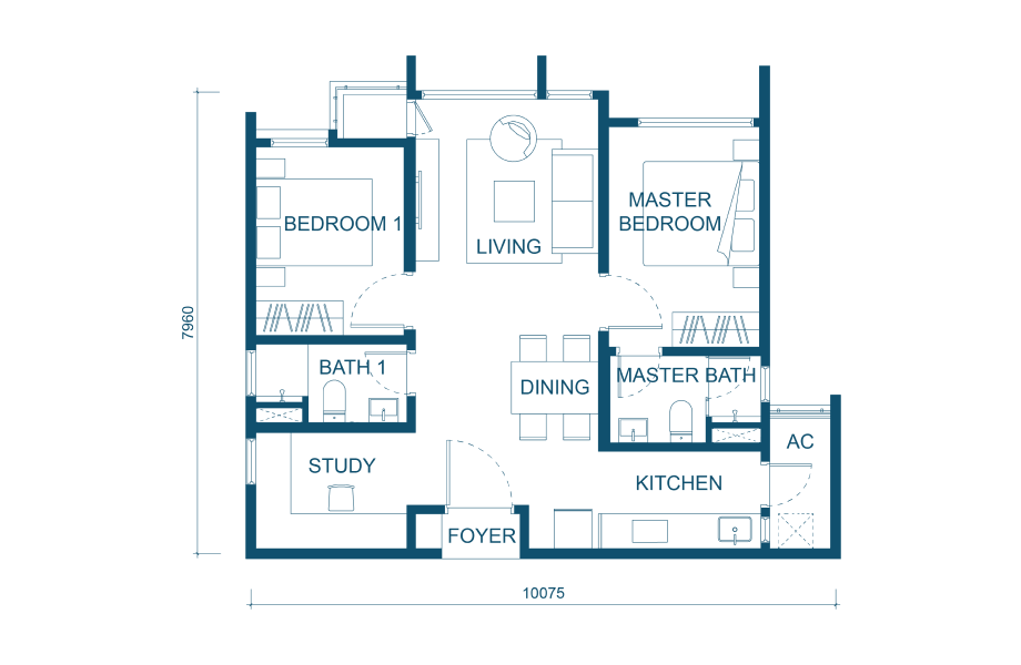 Aricia Residences B1户型平面图 — 757平方尺，2+1房2卫