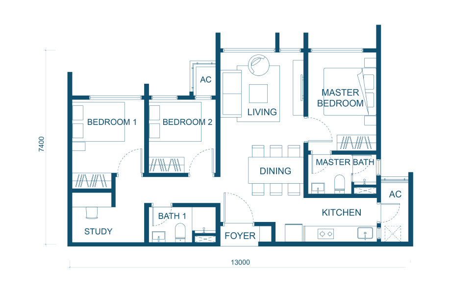 Aricia Residences C1户型平面图 — 872平方尺，3+1房2卫