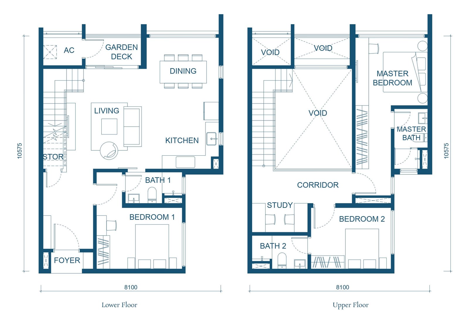 Aricia Residences D1户型复式平面图 — 1,410平方尺，3+1房3卫