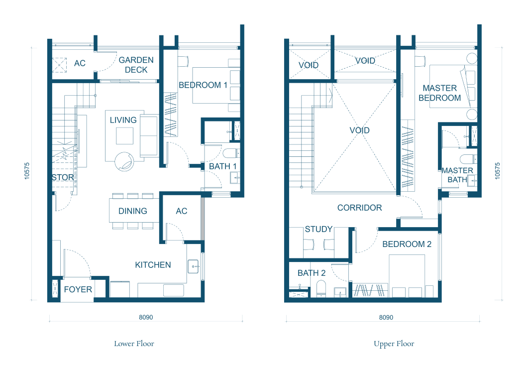 Aricia Residences D2户型复式平面图 — 1,420平方尺，3+1房3卫