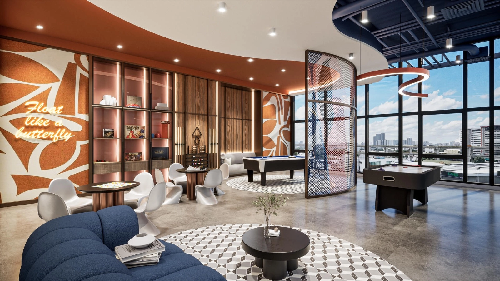 Aricia Residences indoor games lounge with pool table and lounge seating in Sungai Besi, Kuala Lumpur