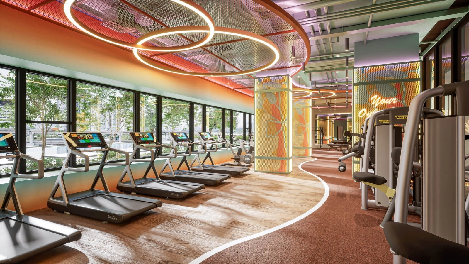 Aricia Residences gymnasium with cardio and strength equipment overlooking the city in Sungai Besi, Kuala Lumpur