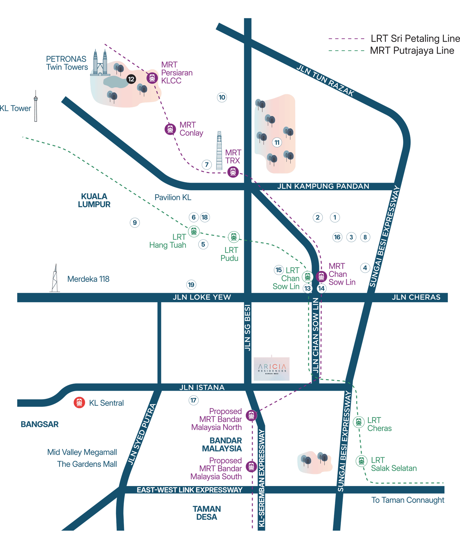 Aricia Residences location and transit map near LRT and MRT Chan Sow Lin in Sungai Besi, Kuala Lumpur