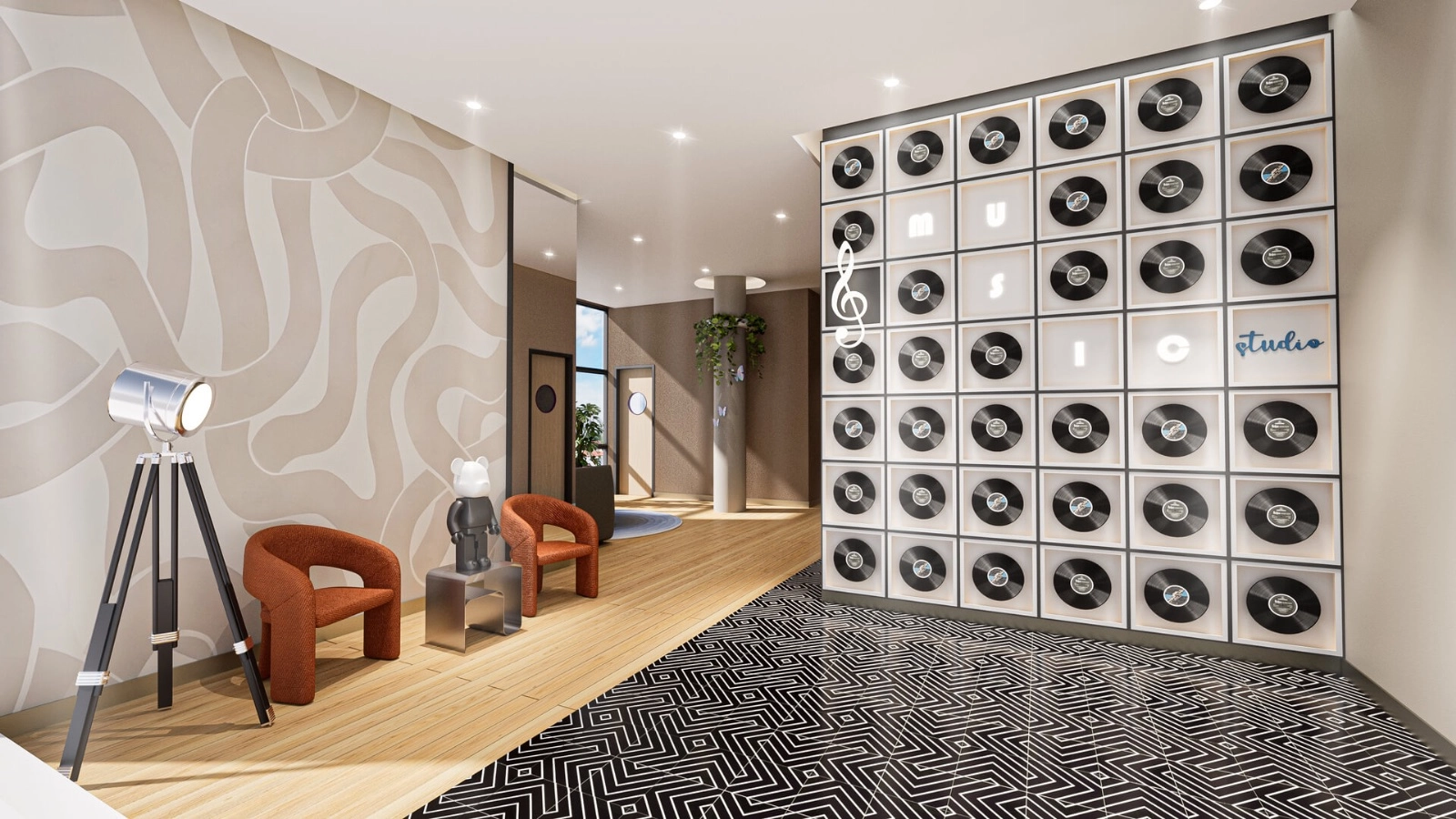 Aricia Residences music lounge with vinyl record wall feature in Sungai Besi, Kuala Lumpur