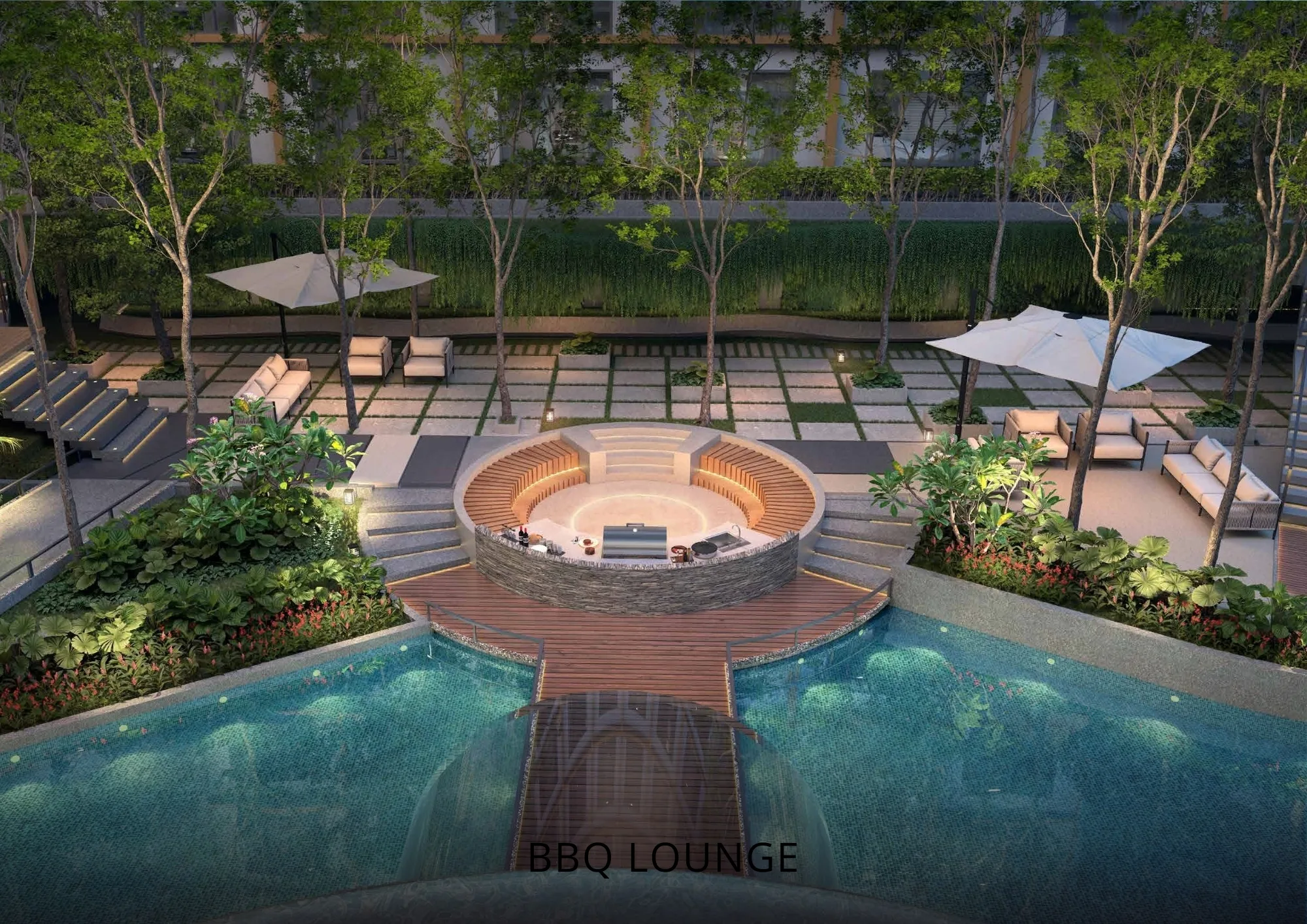 Pandangan udara BBQ Lounge Armani Hallson menunjukkan dek barbeku bulat yang menghubungkan dua bahagian kolam dengan tempat duduk taman