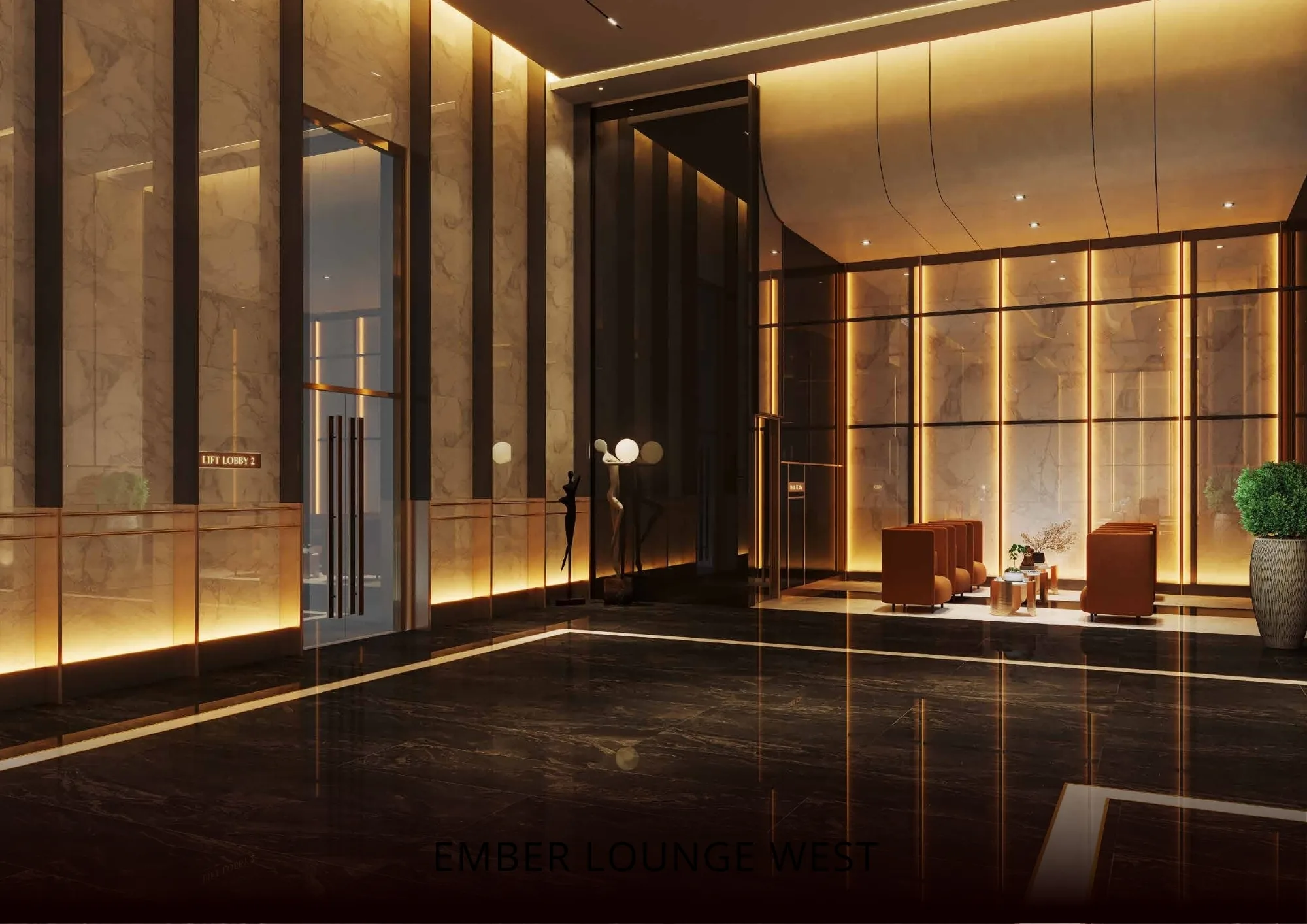 Lobi lif Ember Lounge West Armani Hallson dengan dinding berlapis marmar, hiasan arca dan kawasan tempat duduk