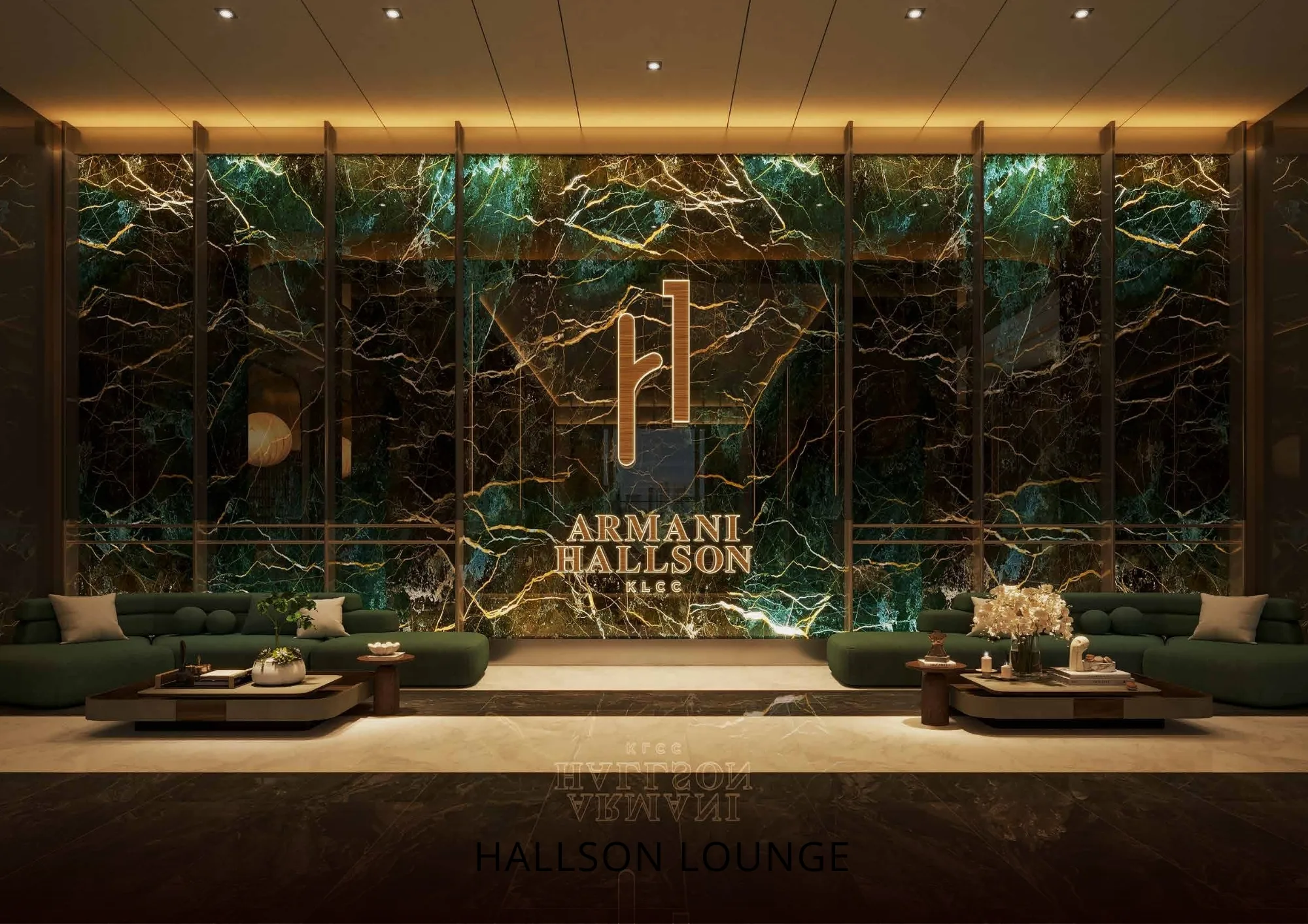 Lobi Hallson Lounge Armani Hallson dengan dinding tampilan marmar hijau, logo bercahaya dan tempat duduk lounge
