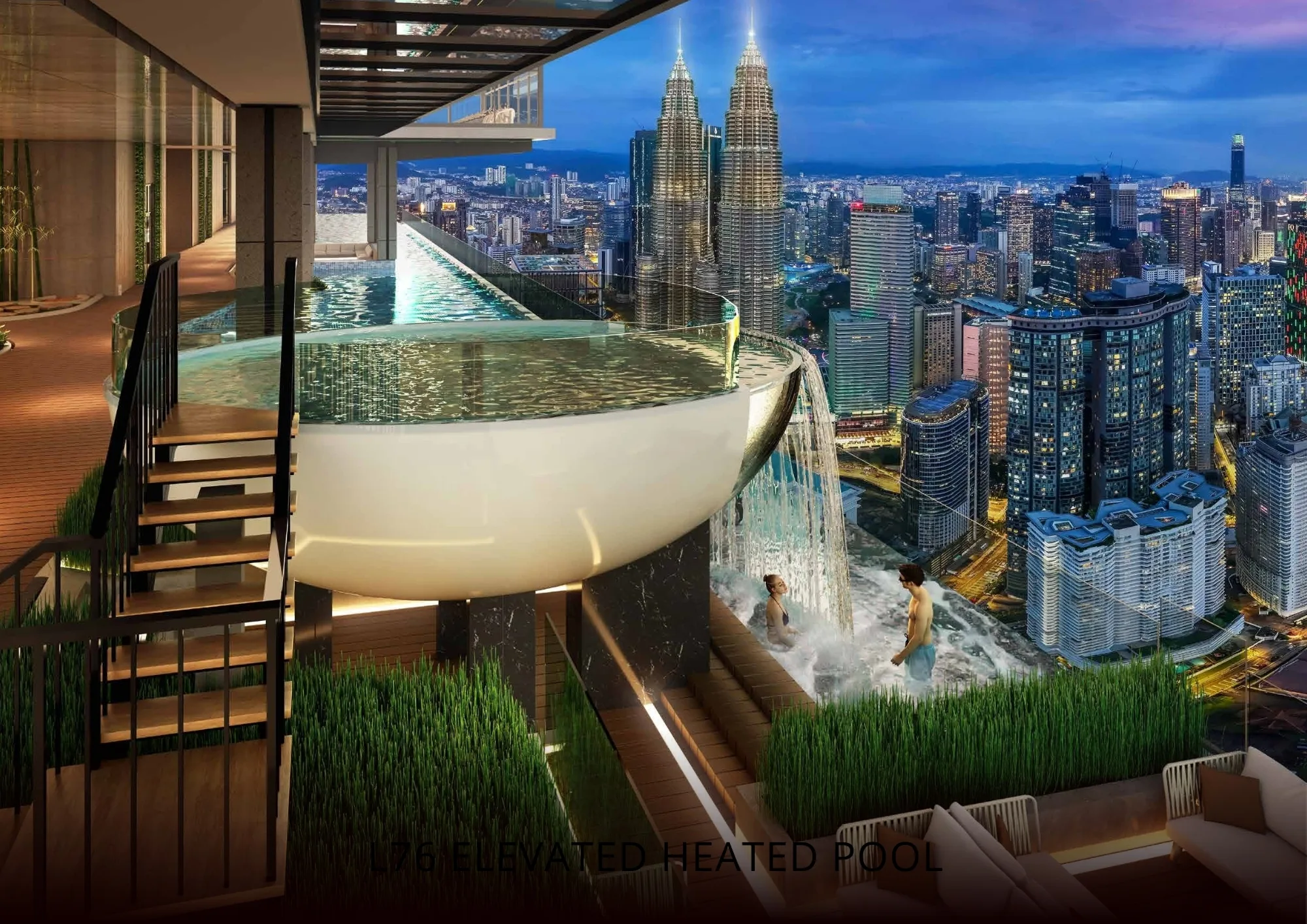 Kolam berpemanas tinggi L76 Armani Hallson dengan tab bertepi kaca julur memandang bandar raya Kuala Lumpur dan Menara Berkembar Petronas
