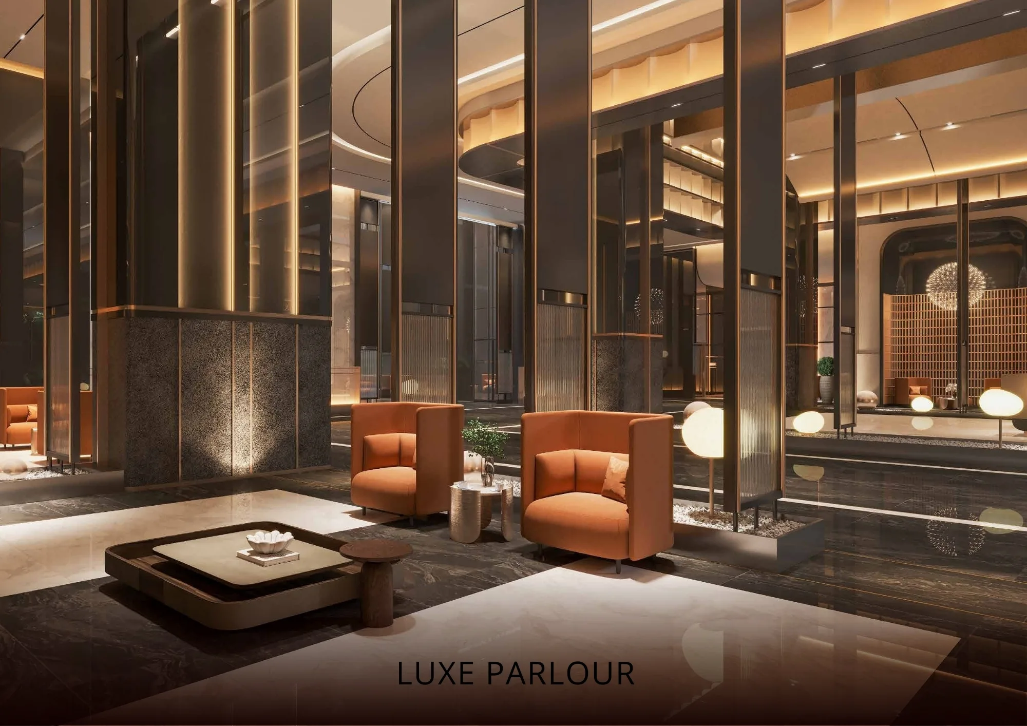 Lounge Luxe Parlour Armani Hallson dengan kerusi berlapis oren dan hijau, lantai marmar dan pencahayaan tampilan hangat