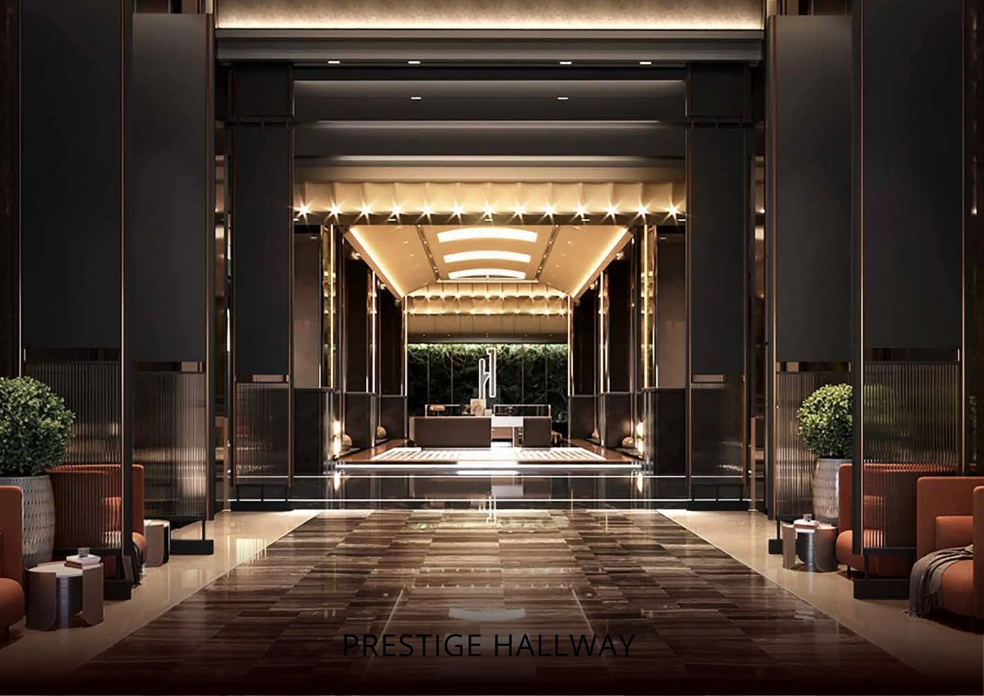 Laluan berbumbung Prestige Hallway Armani Hallson menghala ke lobi lif dengan pencahayaan ambien hangat