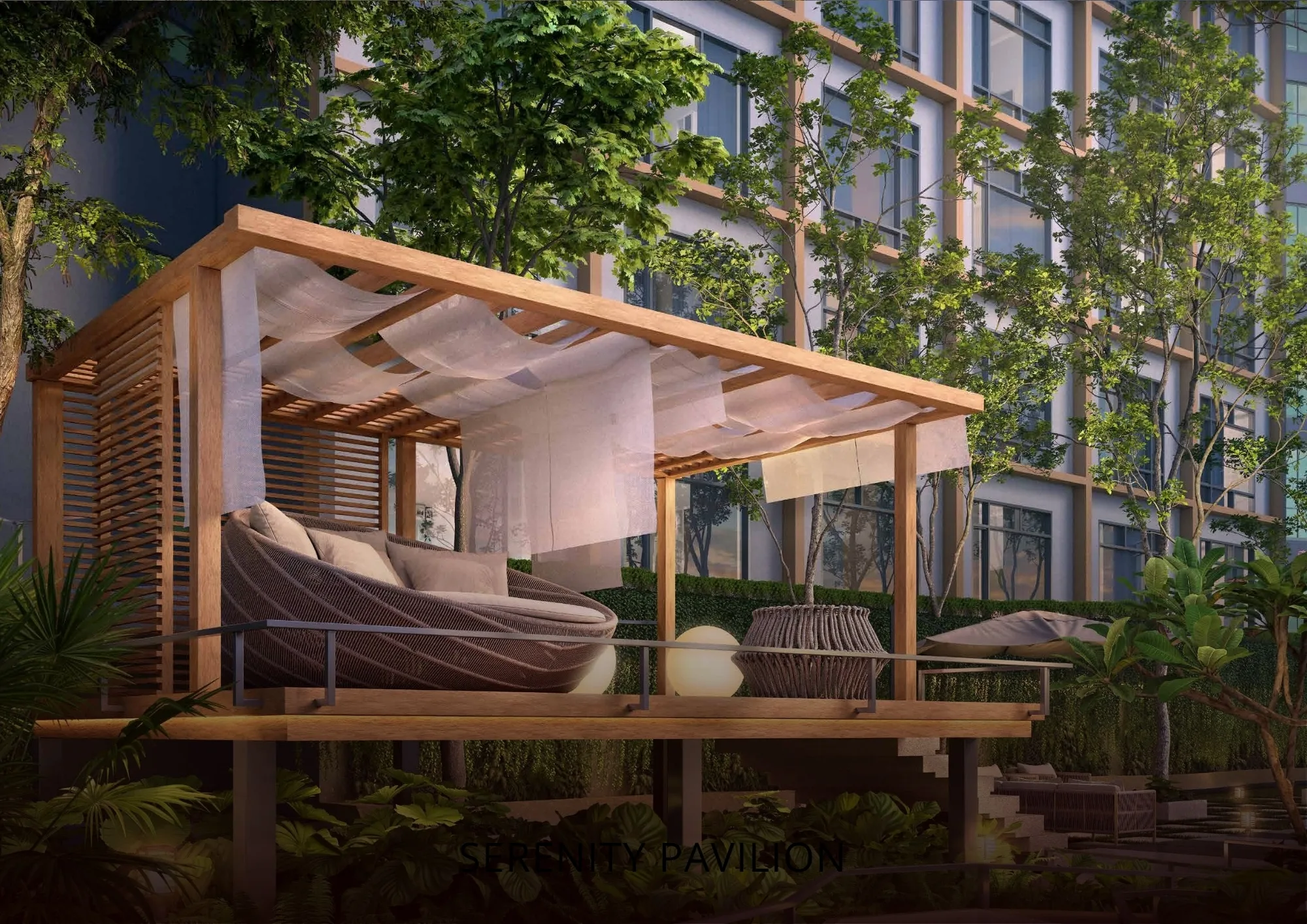 Pondok katil rehat Serenity Pavilion Armani Hallson dengan kanopi langsir nipis dikelilingi landskap hijau