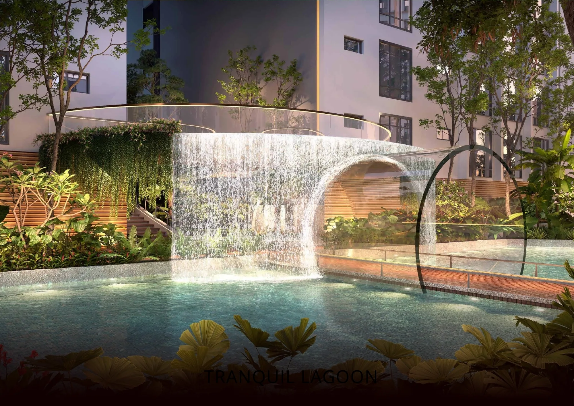 Kolam Tranquil Lagoon Armani Hallson dengan ciri air terjun dan taman landskap sekeliling