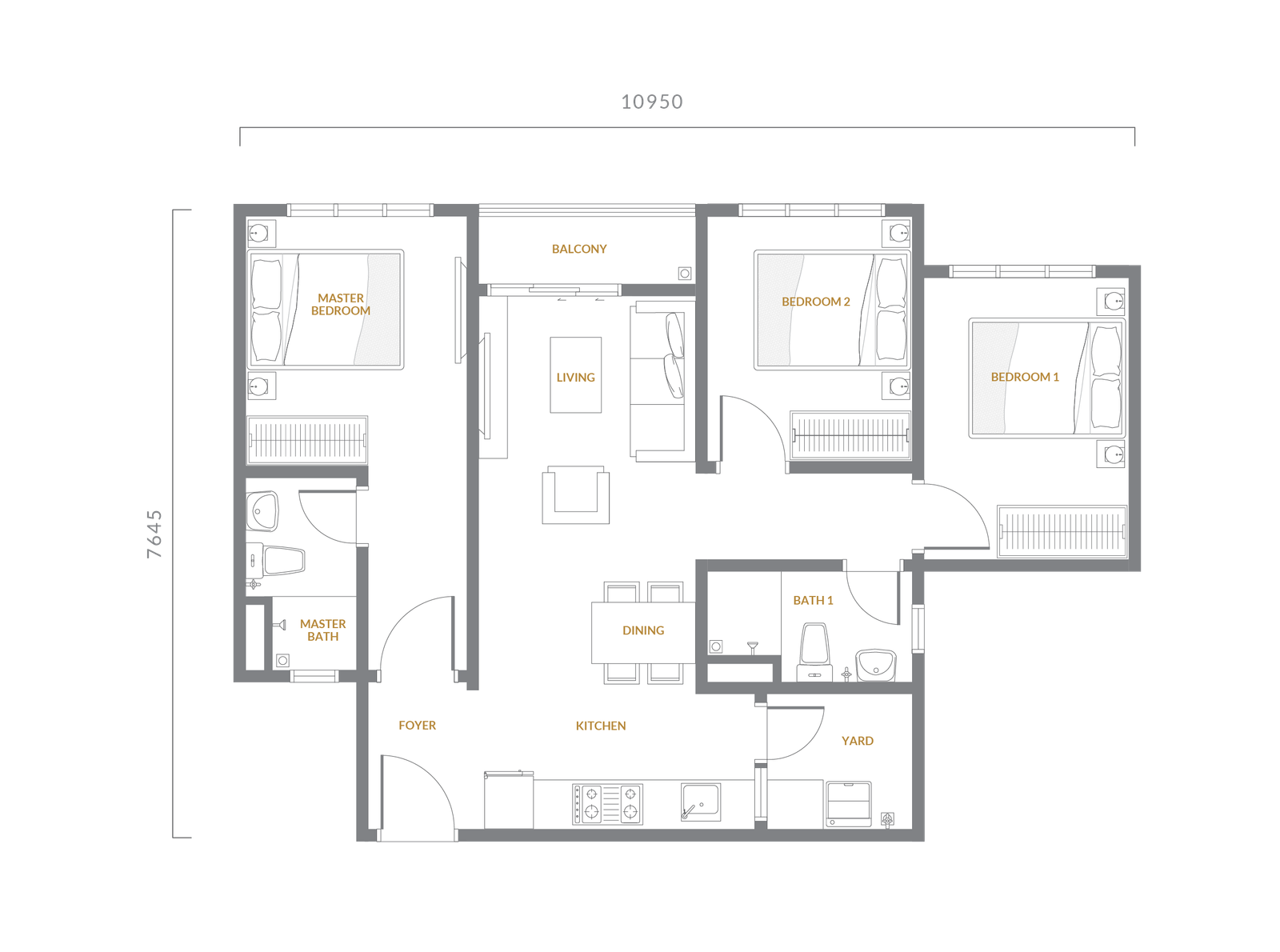 Armani Kepong Type A floor plan, 754 sq ft, 3 bedroom 2 bathroom layout