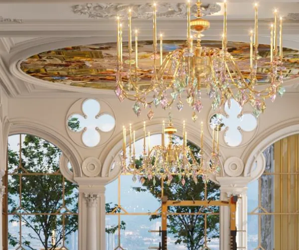 Arte Solaris Mont Kiara ballroom crystal chandeliers beneath a painted ceiling mural overlooking the city view