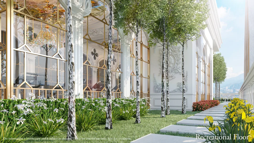 Arte Solaris Mont Kiara recreational floor landscaped walkway lined with birch trees and seasonal flowers