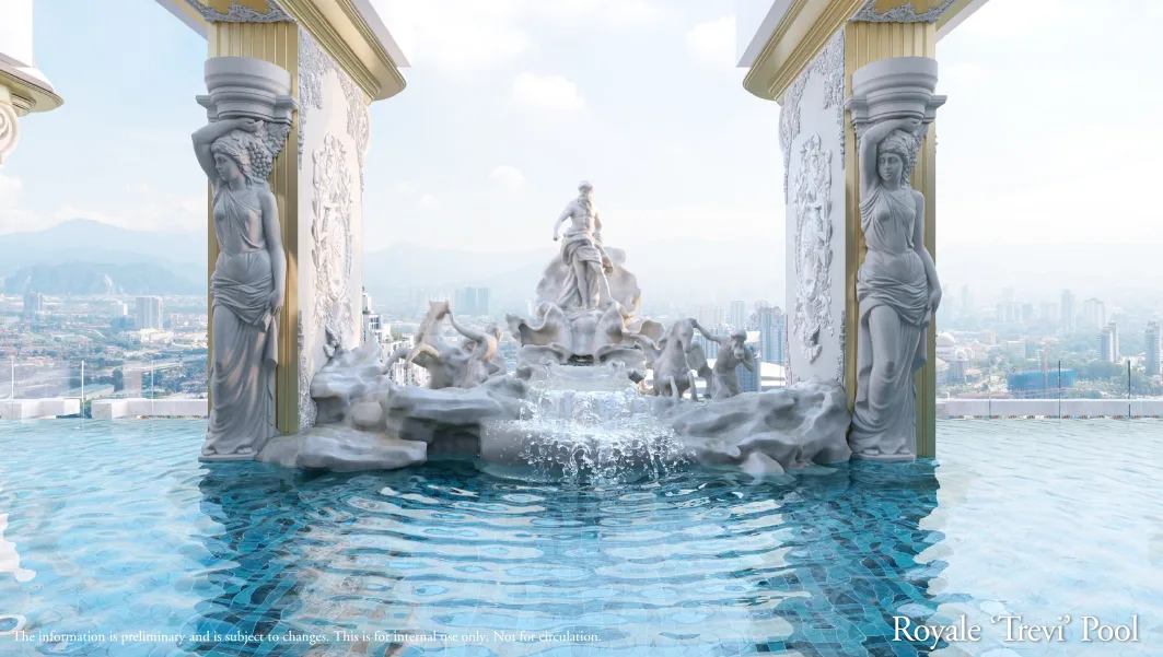 Arte Solaris Mont Kiara Royale Trevi Pool, a rooftop swimming pool with Trevi Fountain-inspired sculpture and KL skyline view