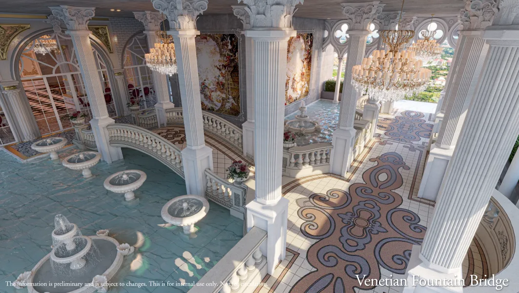 Arte Solaris Mont Kiara Venetian Fountain Bridge, an indoor pond walkway with cascading fountains and mosaic flooring