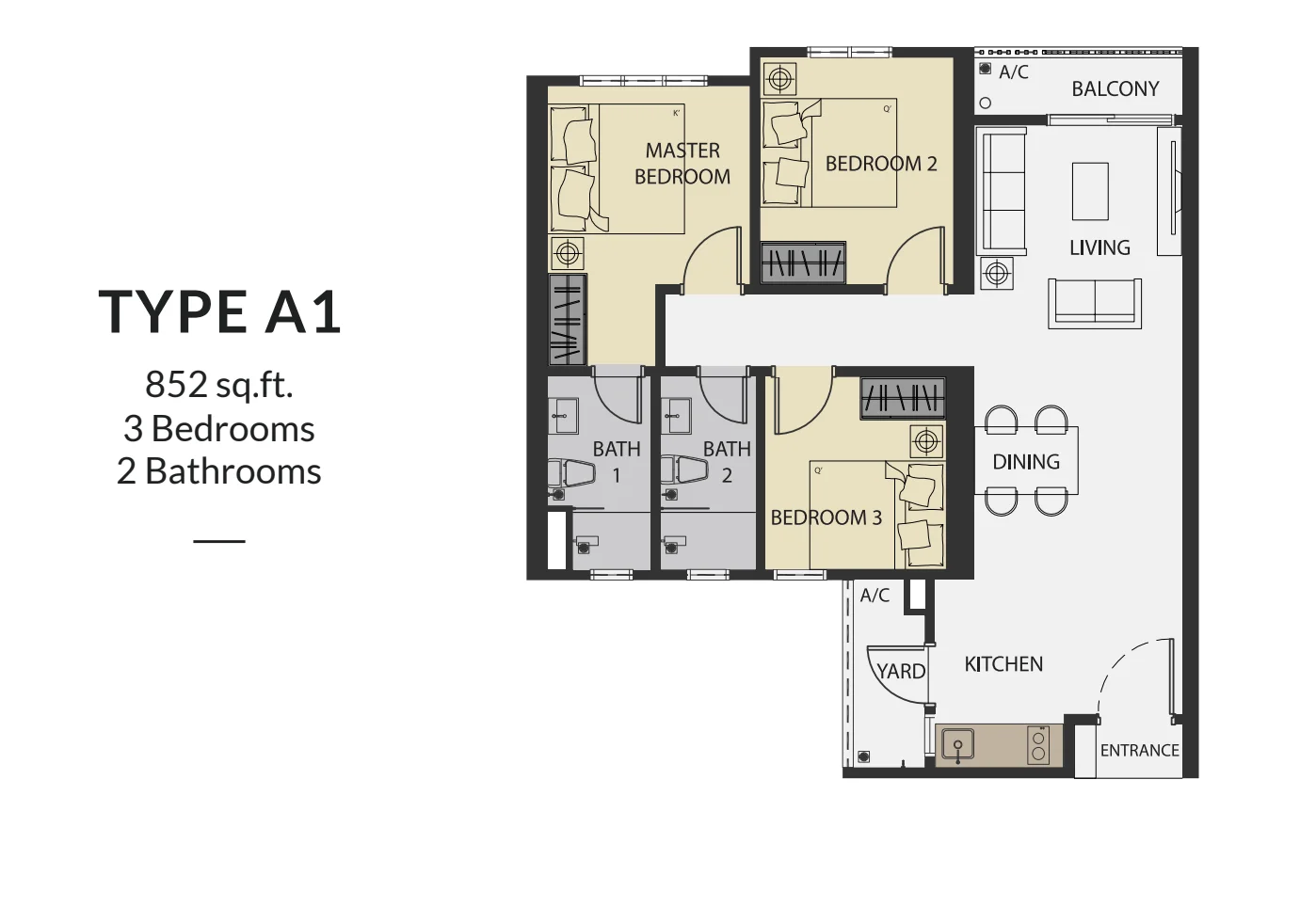 Aster Hill Sri Petaling Type A1 floor plan, 3 bedrooms, 852 sqft