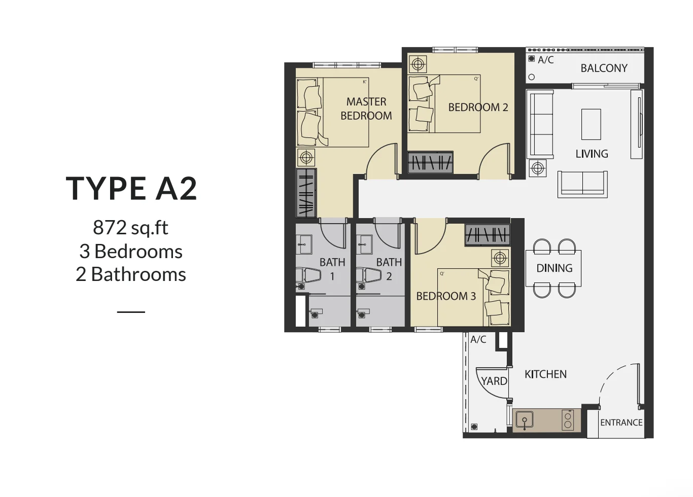 Aster Hill Sri Petaling A2戶型平面圖，3房2衛，872平方尺