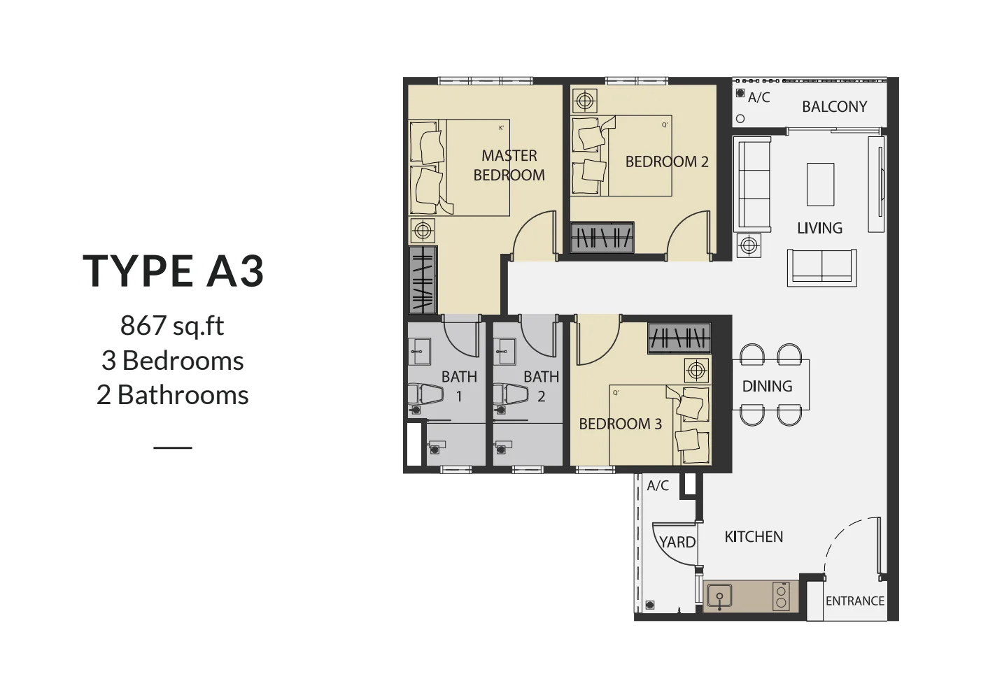 Aster Hill Sri Petaling A3戶型平面圖，3房2衛，867平方尺