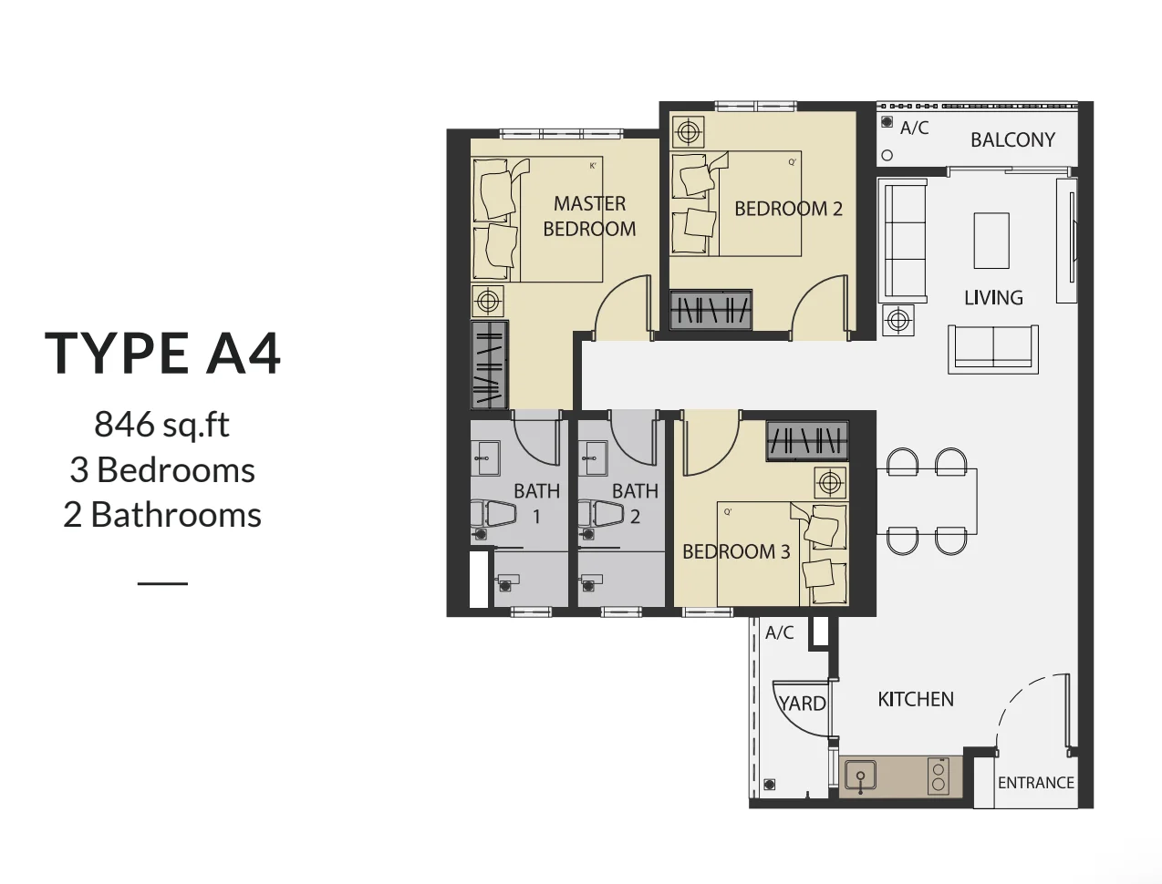 Aster Hill Sri Petaling A4戶型平面圖，3房2衛，846平方尺