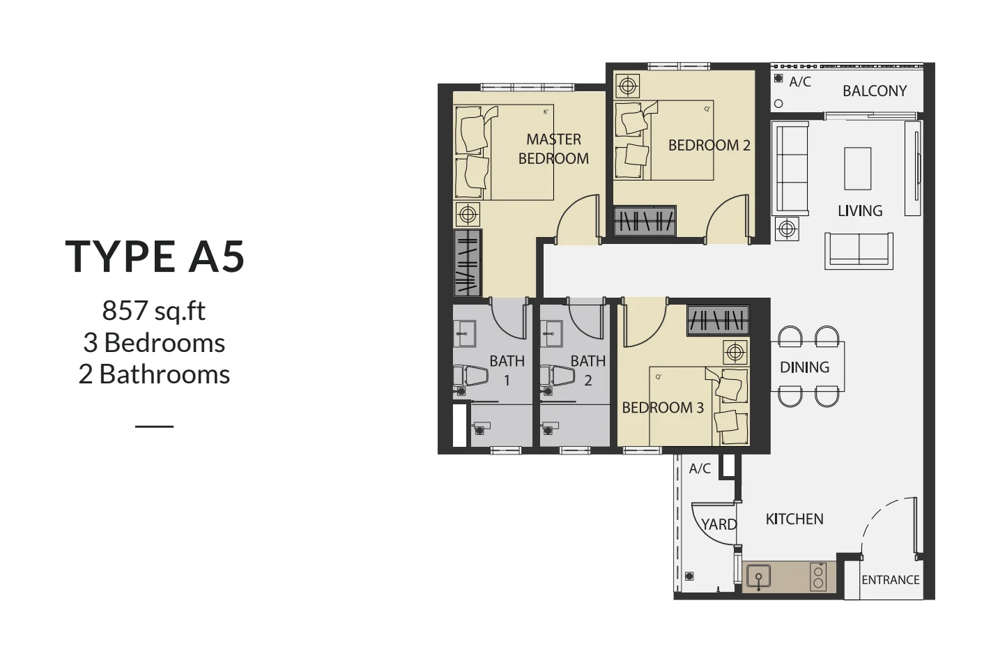 Aster Hill Sri Petaling A5戶型平面圖，3房2衛，857平方尺