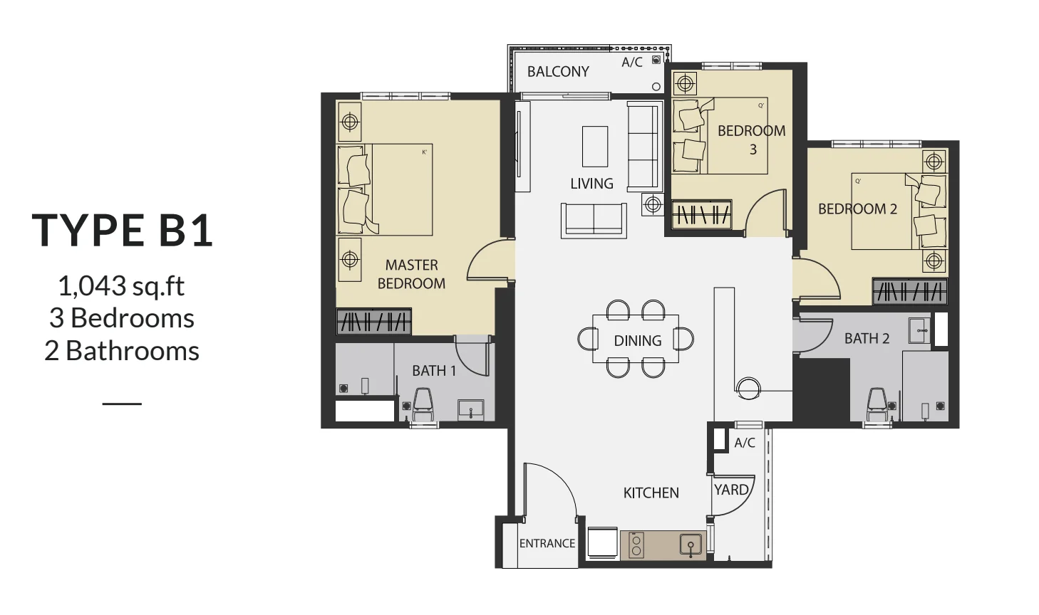 Aster Hill Sri Petaling B1戶型平面圖，3房2衛，1,043平方尺